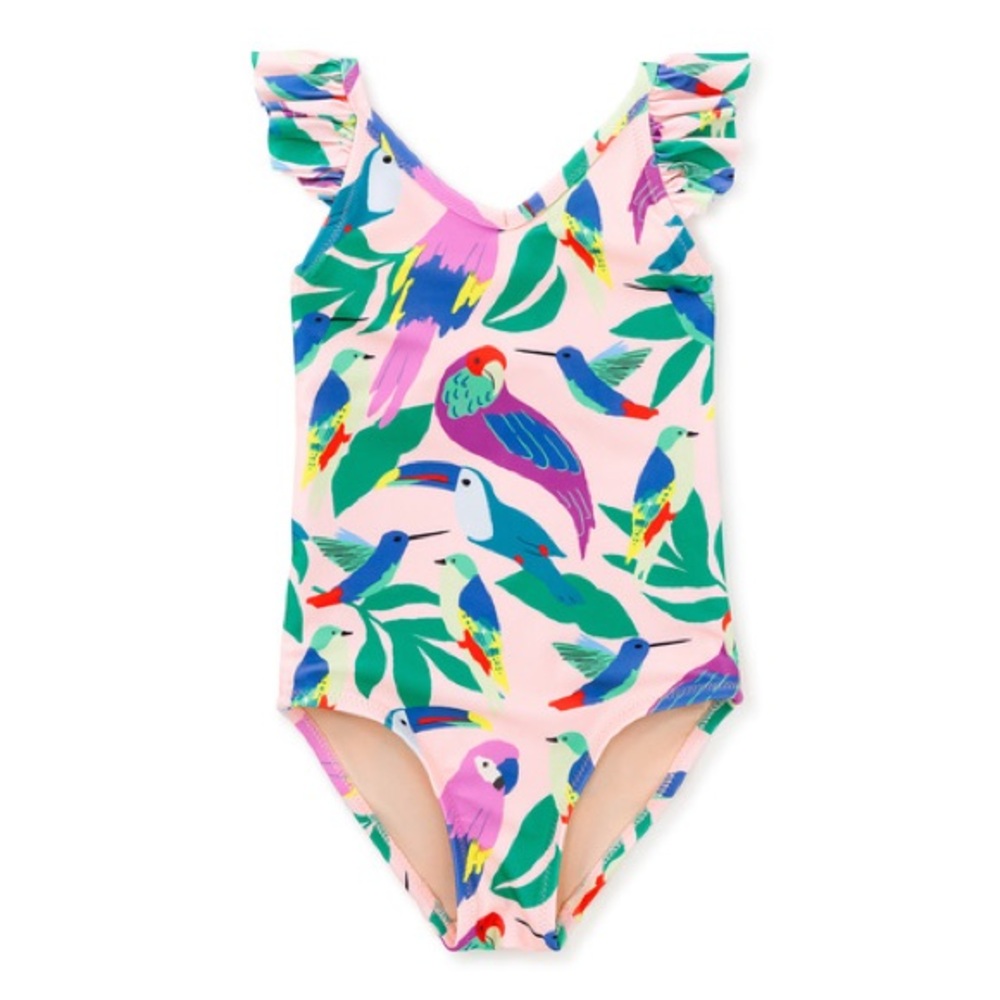 Tea Collection Pink and Green One Piece Swimsuit with Ruffled Straps